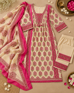 <b>Women</b> Beige Pink Printed Three Piece <b>Kurta</b> Pant Dupatta Set Traditional Indian Ethnic Wear Wholesale Manufacturer - Product Image 3