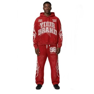 Ensemble de sweats à capuche surdimensionnés en coton 100% avec logo personnalisé brodé, couleur rouge, coupe évasée, unisexe, vente en gros - Product Image 2