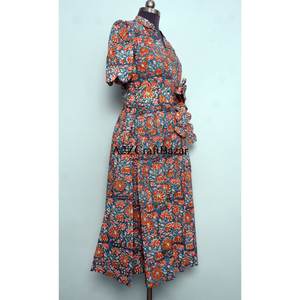 Vestido Midi de Algodón Indio con Estampado a Mano, Cuello en V, para Mujer, Estilo Informal, Manga Corta, Silueta Recta, para Vacaciones de Verano en la Playa - Product Image 5