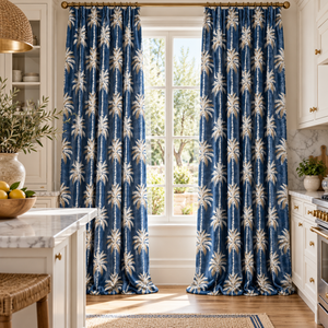 Panneaux de rideaux occultants en velours bleu imprimé palmiers, style méditerranéen, pour fenêtres - Product Image 4