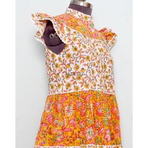 Robe longue d'été à manches courtes multicolore en coton avec ceinture, style modeste, imprimé numérique, col noué sur le devant, coupe fluide, douce et naturelle - Product Image 4