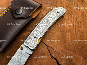 Couteau de poche pliant en acier Damas de haute qualité avec verrouillage Liner Lock, étui en bois et cuir, tranchant comme un rasoir, pour camping en extérieur, multifonctionnel, OEM - Product Image 4