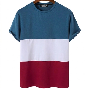Aliroz Men's Color Blocked T-Shirt Short Sleeve O-Neck Casual Knitted Loose Fit 100% Cotton Worsted Front Anti-Pilling Letter - Product Image 1