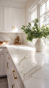 Dalles de comptoir en quartz Calacatta Almond – Surface en quartz de haute qualité pour intérieurs de luxe - Product Image 2