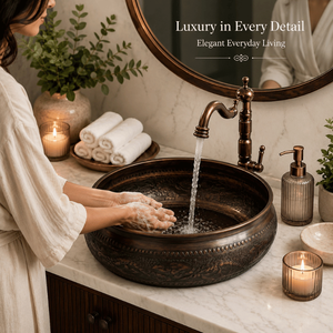 Handcrafted Embossed Copper Vessel Wash <b>Basin</b> <b>Round</b> Luxury Countertop Bathroom Sink Antique Designer <b>Basin</b> for Home Hotel Villa - Product Image 3