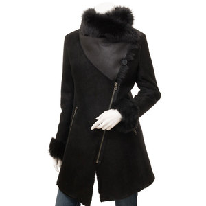 Manteau long asymétrique en daim pour femme avec col et poignets en fourrure, fermeture éclair, coupe-vent d'hiver - Product Image 1