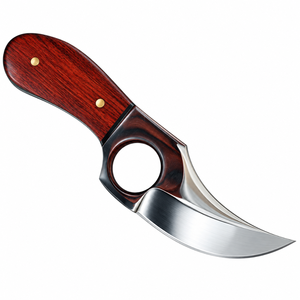 Couteaux de chasse à lame fixe rouge-brun-argent avec lame incurvée en acier inoxydable, manche en bois et anneau de préhension pour le camping en extérieur - Product Image 5