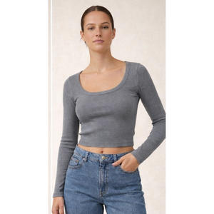 Women's Ribbed Full Sleeve <b>Crop</b> <b>Top</b> Soft Stretchable Fabric Round Neck Design Casual Day Evening Styling Active <b>Tops</b> India - Product Image 4