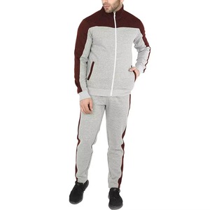 Ensemble de survêtement pour homme gris et bordeaux avec blocs de couleur, fermeture éclair intégrale, col montant, pantalon en polaire respirant décontracté avec poches latérales - Product Image 1