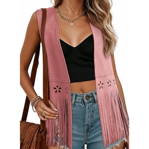 Chaqueta de cuero con flecos de gamuza para mujer, estilo vaquero occidental, abrigo con borlas, estilo bohemio, ropa exterior vintage de gamuza. - Product Image 3