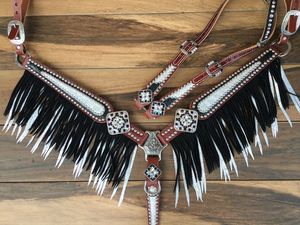 Conjunto de Silla de Montar Inglesa Ligera de Cuero Genuino con Flecos de Pico de Pez, Equipo de Equitación Occidental Estacional en Blanco y Negro - Product Image 3