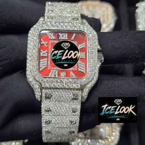 Reloj de Lujo para Hombre ICELOOK, Cuadrado, con Diamantes, Acero Inoxidable, Esfera Roja, Movimiento de Cuarzo Analógico, 38 mm, Cierre Plegable - Product Image 2