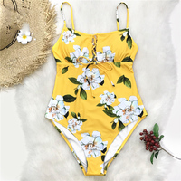 Tali Bahu Dapat Disesuaikan Motif Bunga Kuning, Satu Bagian, Bantalan Dapat Dilepas, Pakaian Renang Anak Perempuan, Bikini
