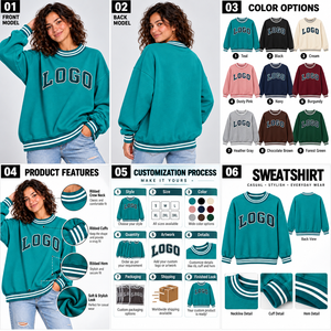 Custom OEM <b>Women</b> Oversized Varsity Sweatshirt <b>Green</b> Cotton Crew Neck Letter Print Striped Trim Regular Fit Autumn Wear - Product Image 3