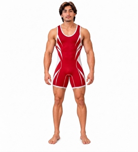 Combinaison de gymnastique sans manches pour homme, rouge et blanc, col rond, spandex, polyester, respirante, pour toutes les saisons, vêtements de sport - Product Image 1