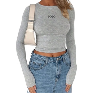 Camiseta corta de manga larga con cuello redondo Sexy en blanco y sólido con logotipo personalizado de OEM para mujer, ropa de calle 2024 para mujer, ropa de primavera y verano - Product Image 1