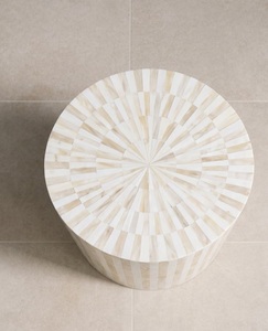 Modern Bone Inlay <b>Bedside</b> <b>Round</b> Nightstand Beige Handmade Wood Top Accent <b>Table</b> for Bedroom Decor - Product Image 3