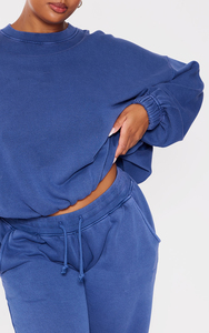 Ensemble de survêtement bleu grande taille pour femme, manches longues, coupe ample, taille à cordon, tenue décontractée avec poches latérales, couleur unie, automne - Product Image 6