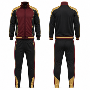 Ensemble de survêtement sportif pour homme, couleur bordeaux, noir et or, avec fermeture éclair intégrale, respirant, en polyester, pour l'automne, avec poches latérales - Product Image 1