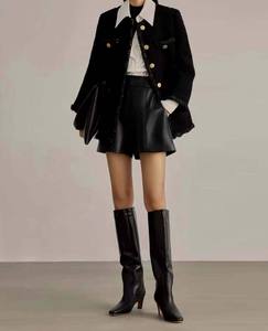 Women's <b>Black</b> Genuine <b>Leather</b> <b>High</b> <b>Waist</b> <b>Shorts</b> Zipper Fly Breathable Elegant Style Regular Fit Solid Color Pleuche Belt - Product Image 2