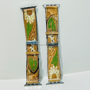 New Arrival Handmade Genuine Leather Custom Design Western Floral <b>Tooled</b> Painted <b>Watch</b> Band Boho Western Replacement <b>Watch</b> <b>Strap</b> - Product Image 4