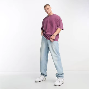 T-shirt pour homme violet surdimensionné, col rond, manches courtes, couleur unie, décontracté, en jersey de coton, longueur normale - Product Image 2