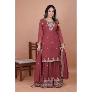 Traje Sharara de Chifón Dorado Rosa para Mujer, Diseño de Feni Fashion, con Intrincados Bordados de Lentejuelas - Product Image 3