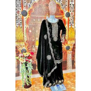 FANCY VELVET EMBROIDERY <b>LACE</b> WORK <b>TOP</b> PALAZZO WITH DUPATTA <b>BLACK</b> - Product Image 3