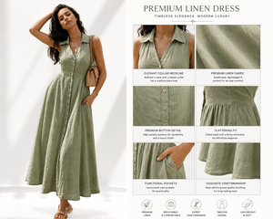 Vestido Midi de Lino y Algodón al por Mayor OEM, Elegante Vestido Camisero sin Mangas con Cuello Mandarín y Botones Delanteros, Transpirable, Moderno para Fiestas - Product Image 2