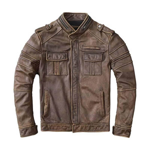Blouson moto en cuir véritable marron pour homme avec épaulettes, col montant et fermeture éclair, style automne - Product Image 6