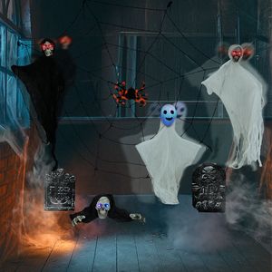 Set di Fantasmi Appesi di Halloween con Ragnatele e Lapidi, Occhi Illuminati e Decorazioni Oscillanti - Product Image 4