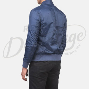 <b>Men</b> Navy Blue Satin Bomber <b>Jacket</b> Lightweight <b>Flight</b> <b>Jacket</b> with Ribbed Trim and Zippered Front Casual Outerwear - Product Image 2