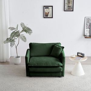 Comoda Poltrona Singola in Tessuto Ciniglia Verde, Sedia Imbottita Profonda per Soggiorno con 1 Cuscino Decorativo - Product Image 2