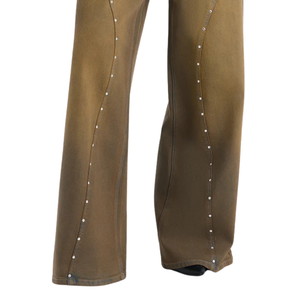 Jean en denim marron respirant pour femme, coupe ample et large, délavé style vintage, décontracté, longueur intégrale, avec clous en strass, cinq poches, collection automne - Product Image 5