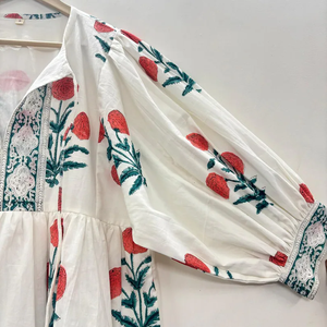 Robe formelle vintage en coton écologique, imprimée à la main, col en V, manches 3/4, ourlet à volants en dentelle, lavable, motif floral - Product Image 2