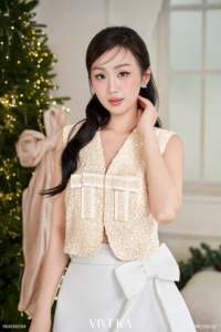 Gilet en tweed <span class=keywords><strong>crème</strong></span> à paillettes pour femme, sans manches, col en V, court, féminin, avec détail ruban, décontracté, pour fête, Noël, <span class=keywords><strong>NAOMI</strong></span> - Product Image 3