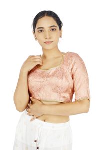 Chemisier rose en jacquard à fleurs pour femmes, haut court à col carré et manches courtes, pour tenue habillée - Product Image 1