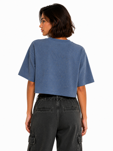 Oversized Boxy Fit <b>Crop</b> <b>Top</b> <b>Rhinestone</b> Embellished women's shirt Crystals Motif Applique Short Sleeve Summer Relaxed Streetwear - Product Image 2