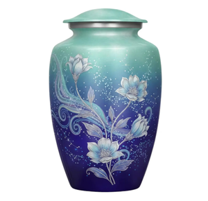 Belle urne funéraire en métal bleu-vert à motif floral, classique, pour cendres humaines adultes, style américain/européen - Product Image 1