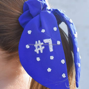 Bufanda ajustable respetuosa con el medio ambiente azul bordada #1 Scrunchie con cuentas Cheer Team Hair Tie Sports Spirit Hair Bow Girls Gift - Product Image 2