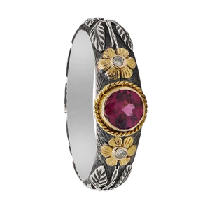 Anillo Floral de Plata de Ley 925 Oxidada de Dos Tonos con Oro de 18k y Rubí Natural Redondo, Joyas Memoria, Venta al por Mayor - Product Image 6