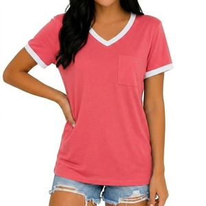 T-shirts personnalisés doux au toucher pour femmes, col en V, manches courtes, décontractés, coupe ajustée, respirants, unis, pour l'été - Product Image 1