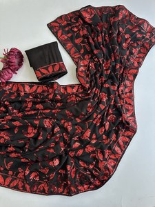 2026 Luxury Black <b>Red</b> Floral Sequin Net Faux Georgette <b>Saree</b> for Women Summer Designer Party Wear Wedding Reception Cocktail - Product Image 3