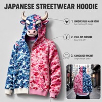Sweat à capuche zippé intégral pour homme, style streetwear japonais Hip Hop, motif masque de taureau, 100% coton, polaire épaisse, imprimé camouflage abstrait étoilé rouge, coupe oversize