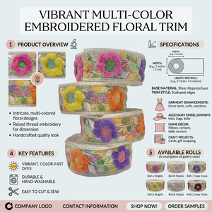 Dentelles brodées multicolores avec travail au fil, motifs vibrants et finitions détaillées pour vêtements et artisanat. - Product Image 6