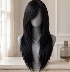 Perruque synthétique longue noire droite avec frange latérale, coupe dégradée, pour usage quotidien, en fibre résistante à la chaleur, pour femmes - Product Image 1