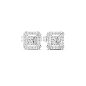 Luxury <b>Silver</b> Princess Cut Halo Diamond <b>Stud</b> <b>Earrings</b> Womens Fine Jewelry - Product Image 1