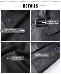 Manteau long en cuir véritable noir avec ceinture, col rabattu, manches longues, imperméable, coupe-vent, élégant, automne/hiver, pour femmes - Product Image 3