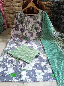 Conjunto de Kurti, Pantalón y Dupatta Largo Informal para Mujer, 100% Algodón Orgánico, Estampado y Transpirable |   Traje Étnico Talla Grande M 10XL |   Floral |   Cuello en V - Product Image 4