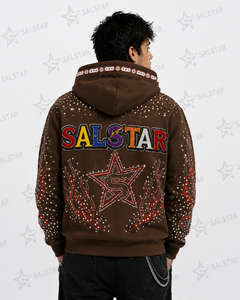 เสื้อฮู้ดดี้ผู้ชายสีน้ำตาลลายกราฟิกประดับเพชรเทียม ซิปหน้า สไตล์สตรีทแวร์ พรีเมียม ปักลายฮิปฮอป แฟชั่น - Product Image 2